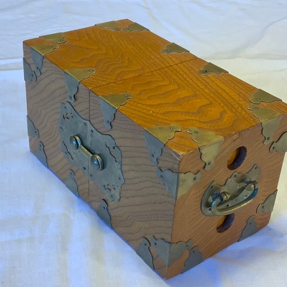 Korean Wood and Brass Jewelry Box with 4 Square Velveteen Lined Drawers - Picture 2 of 10